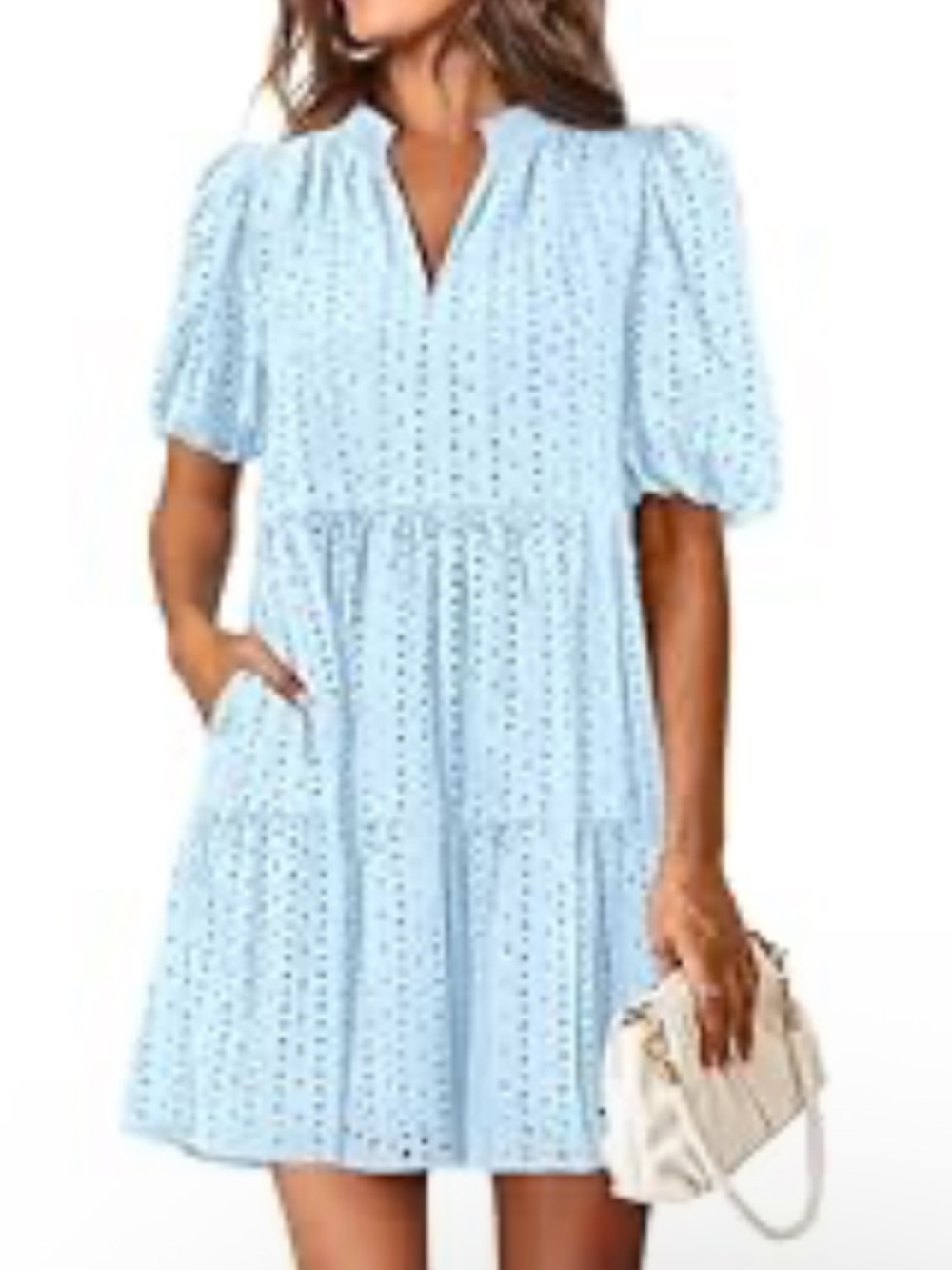 Light Blue Eyelet Summer Dress with Puff Sleeves - Picture 2 of 5